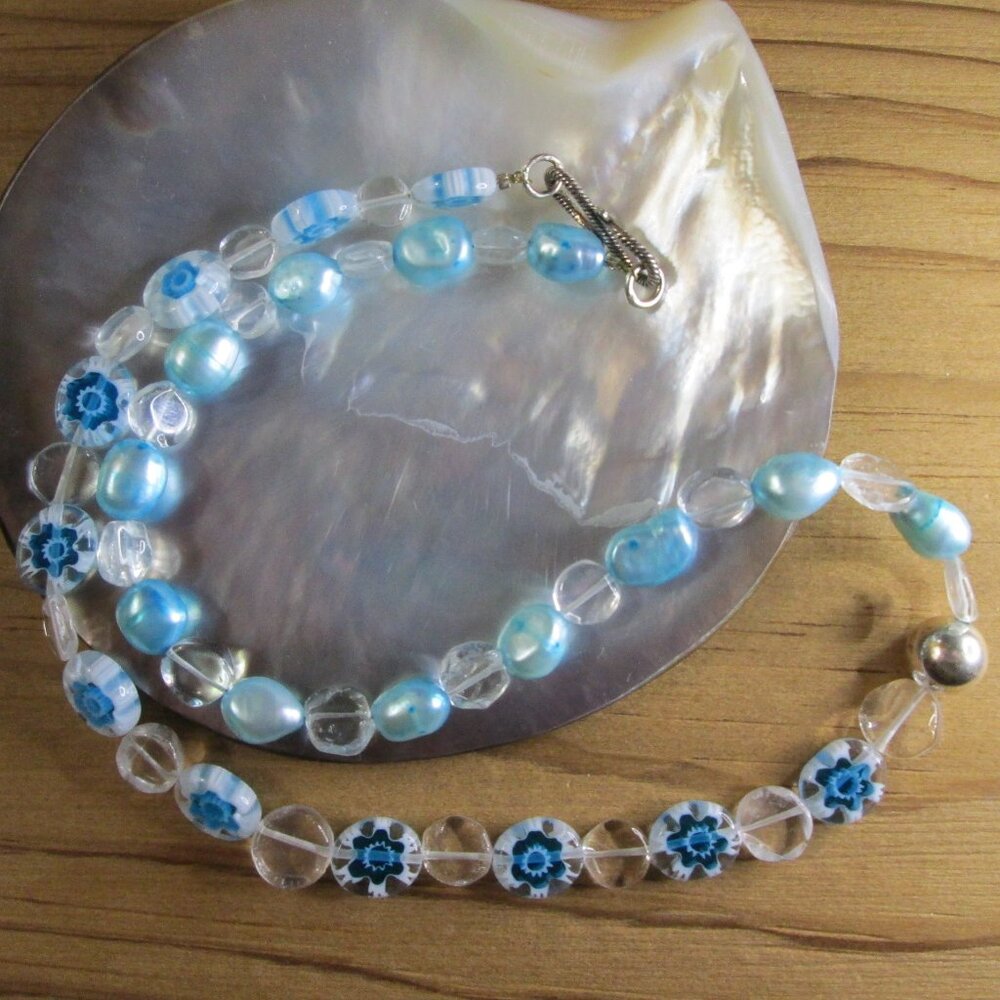 White Topaz Half and Half Necklace with Blue Freshwater Pearls and Millefiori